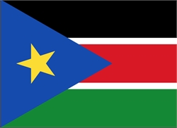 [ai] The national flag of South Sudan featuring a blue triangle with a yellow star, and horizontal stripes of black, red, white, and green.